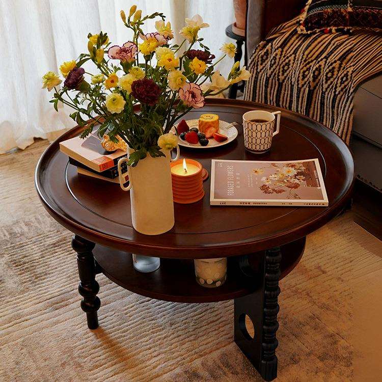 中复古实木矮餐桌沙发边几美法式小户型轻奢阳台客厅家用圆形茶几