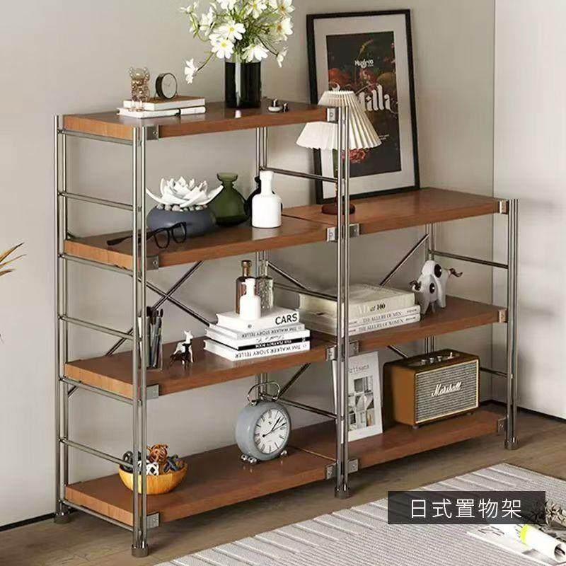 家用日式置物架落地厨房微波炉收纳展示架实木书房阳台多层储物柜