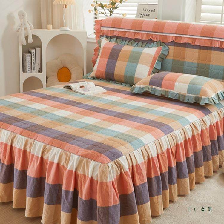 新款床裙床头罩套单件棉质夹棉防滑床单带裙边高档床盖四季通用女