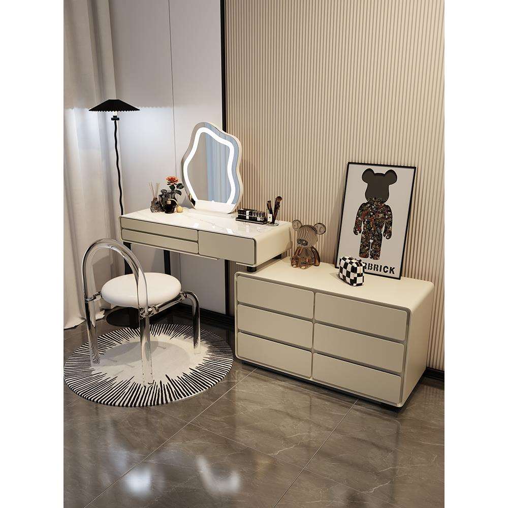 2024新款实木岩板卧室梳妆台奶油风斗柜现代简约化妆台一体化妆桌