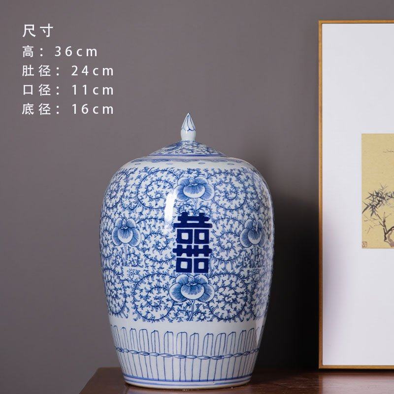 囍字青花瓷花瓶景德镇仿古陶瓷客厅将军罐插花装饰摆件储物罐花瓶,家居饰品,储物罐,淘宝优惠券,粉丝福利购,淘宝优惠卷