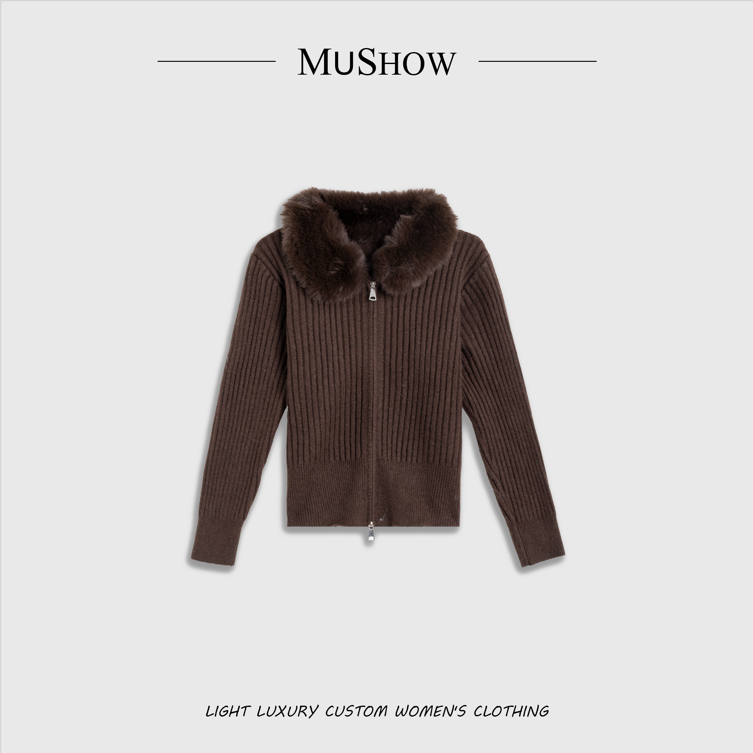 慕秀Mushow「雨霁天晴」毛绒绒领设计针织拉链上衣