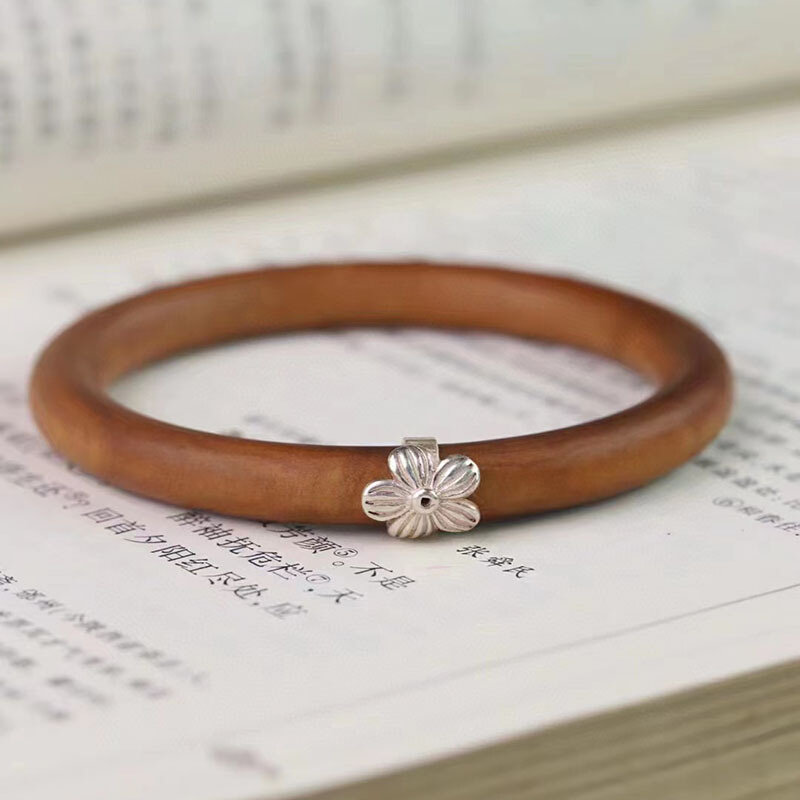 好物印度老山檀香黑肉镶嵌纯银梅花圆条手镯檀香木贵妃镯送妈妈送