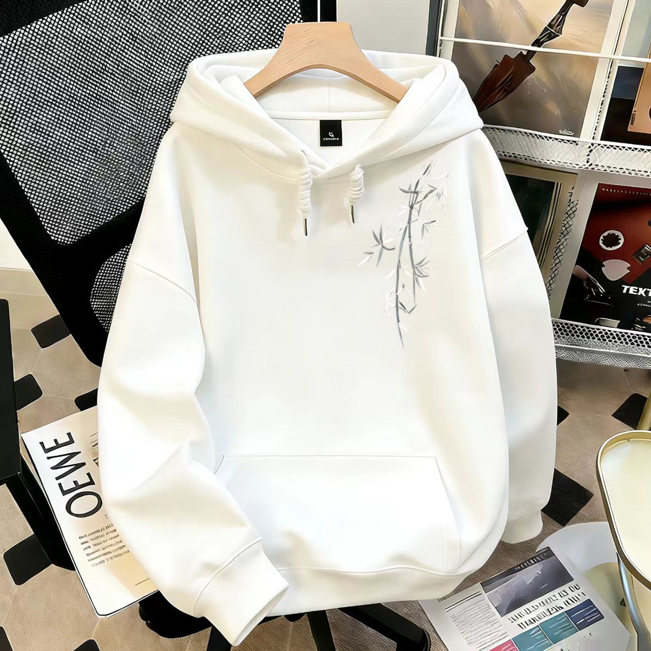 重磅国潮印花墨竹连帽卫衣男女秋冬加绒宽松百搭上衣新中式外套潮