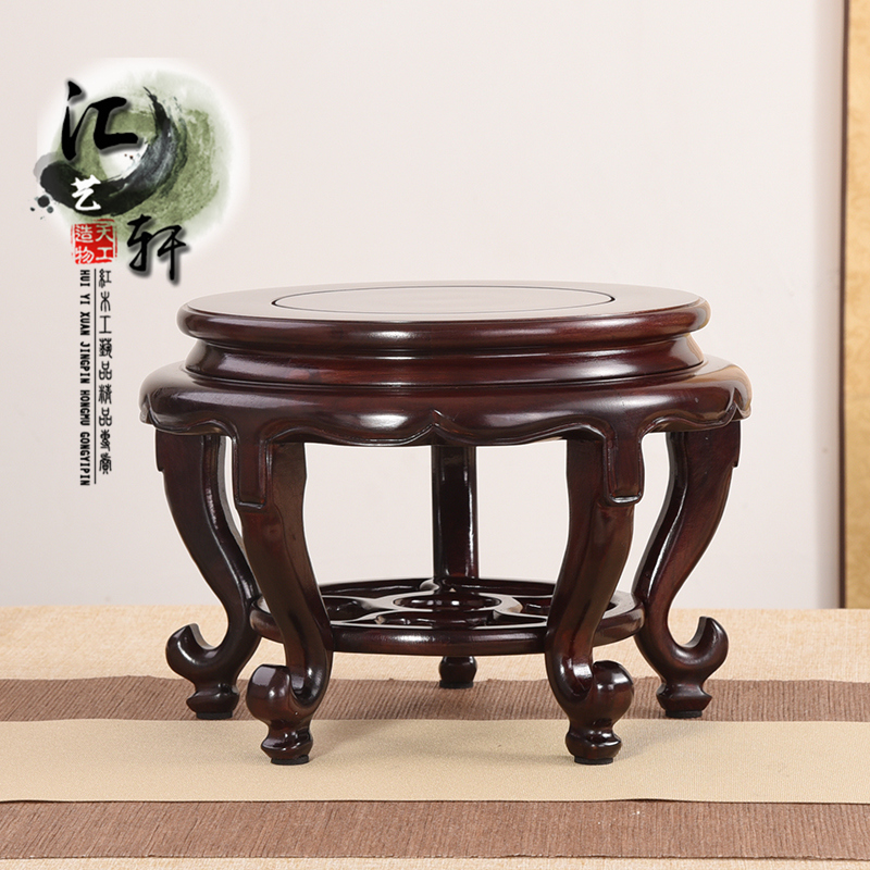 实木圆形花瓶鱼缸底托托架花盆盆景展示花器花道铜器摆件木质底座