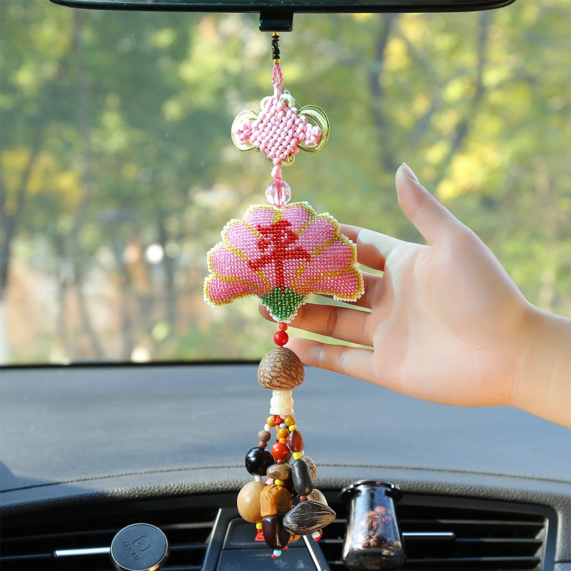 新款车载挂件印花十字绣满珠绣汽车挂件平安粉色扇形自己绣有成品