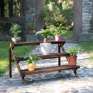 碳化防腐木花架室内外三层多肉展示阳台置物实木阶梯落地式花盆架