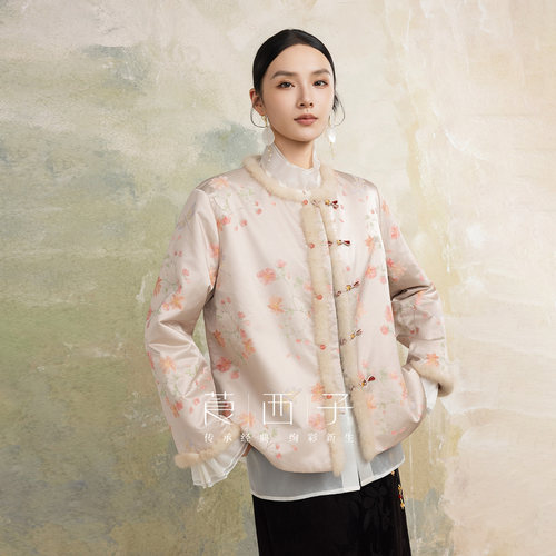 【桃绾】莨西子新中式国风含桑蚕丝水貂毛领双面穿秋冬棉服棉衣女