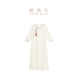【清】莨西子新中式国风桑蚕真丝七分袖连衣裙女中长款春夏裙子