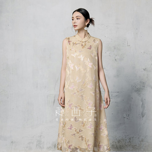 莨西子新中式国风100桑蚕丝中长款连衣裙女2026夏改良版旗袍裙子