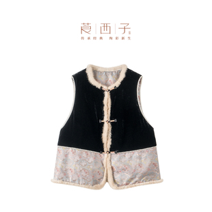 国风真丝丝绒棉服马甲女宋锦拼接撞色马夹 莨西子新中式 鸿影