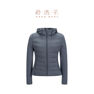 莨西子运动短款修身羽绒服女连帽针织袖拼接薄款便携保暖外套上衣