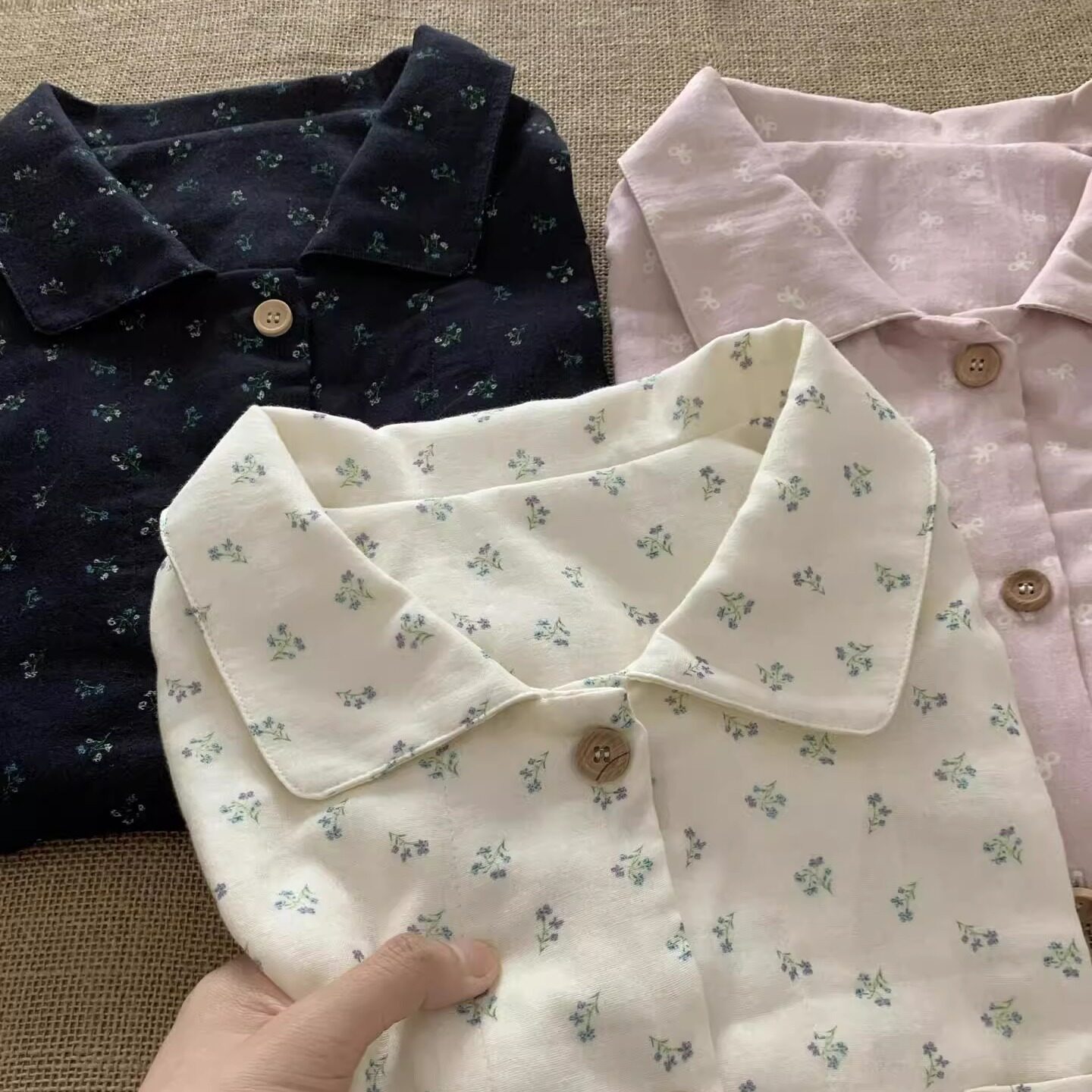 三色碎花·A类纯棉双层纱睡衣春夏女款家居服翻领纯棉睡衣套装