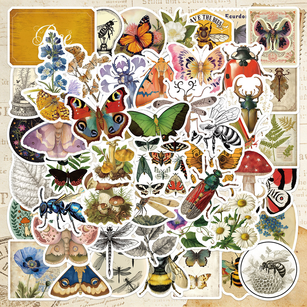 50张复古手札贴纸昆虫植物做旧文艺ipad手账平板电脑DIY贴画,3C数码配件,笔记本个性小贴纸,淘宝优惠券,粉丝福利购,淘宝优惠卷