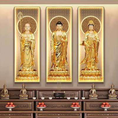 娑婆三圣观音地藏王释迦牟尼佛装饰画站像壁画供奉佛堂佛像挂画灯