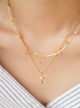 JoJo｜镀真金四芒星锆石叠戴百搭小金豆极细珍珠项链锁骨链叠戴