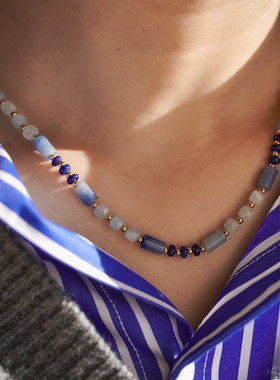 JoJo｜设计师款百搭克莱因蓝天然石海蓝串珠项链锁骨链