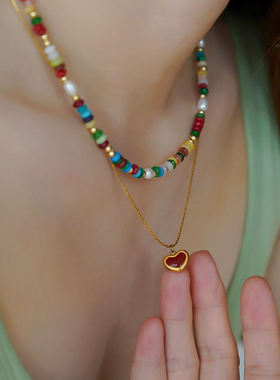 JoJo｜多巴胺天然彩色石珍珠串珠项链滴釉爱心项链手链锁骨链