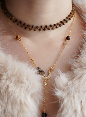 JoJo｜设计师款可调节钻切虎眼石双层Choker星月颈链叠戴项链