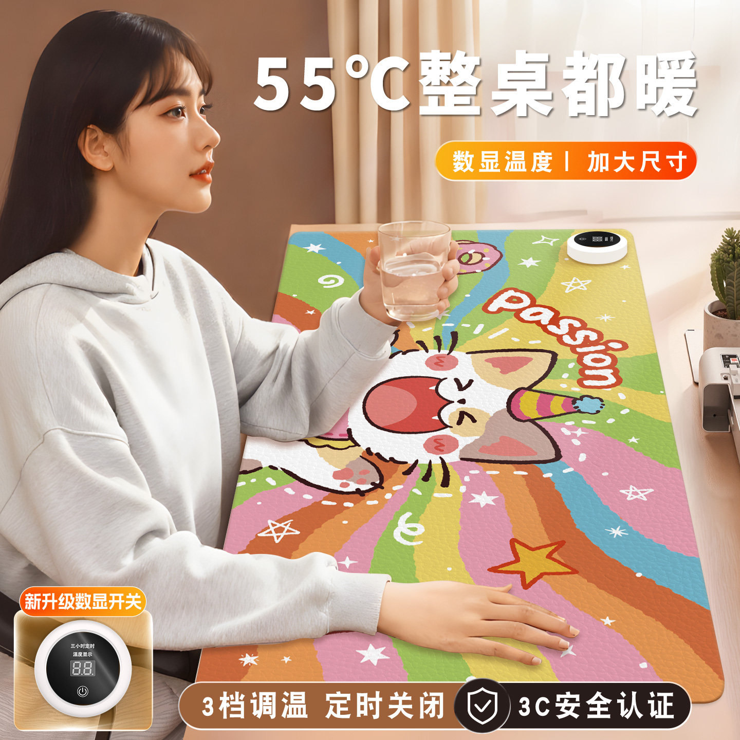 加热鼠标垫超大暖桌垫电脑桌面发热键盘垫女生高颜值办公室左侧开关工位皮革加热垫软垫子写字写作业电热桌垫