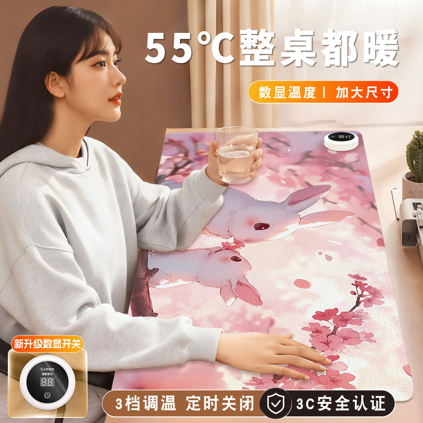 加热鼠标垫超大暖桌垫电脑桌面发热键盘垫女生高颜值办公室左侧开关工位皮革加热垫软垫子写字写作业电热桌垫