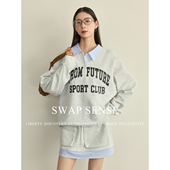SWAP SENSE时空叠叙·复古休闲设计感拼接条纹假两件卫衣半裙套装