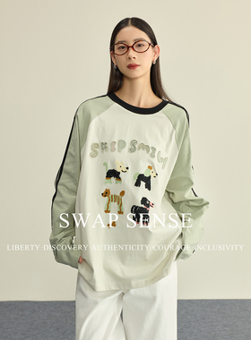 SWAP SENSE绿野犬踪·复古撞色拼接设计感小狗图案插肩休闲上衣春