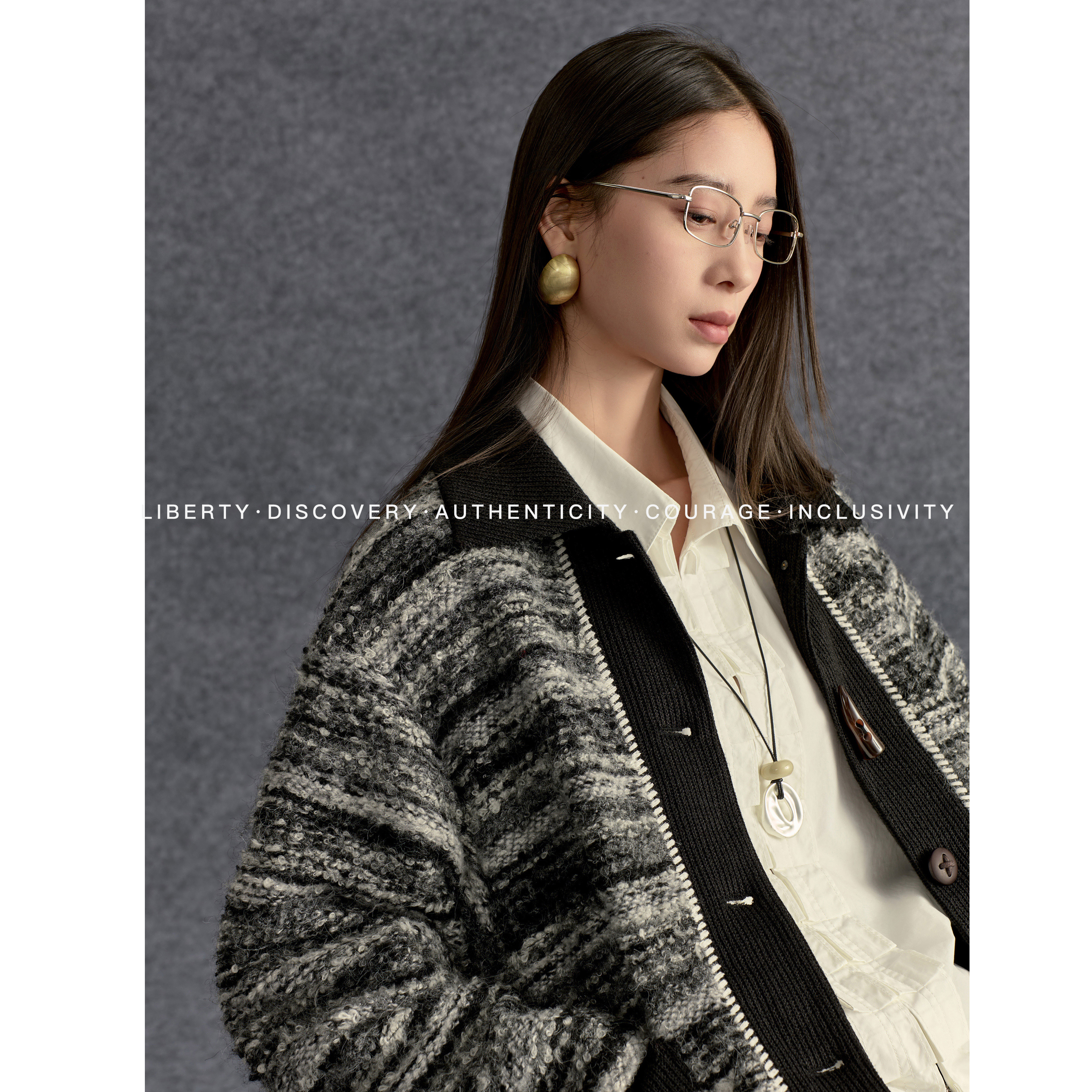 SWAP SENSE墨色晕染·小香条纹半开领针织开衫慵懒风毛衣外套冬季