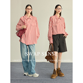 SWAP SENSE绯格漫游·复古休闲红色格纹慵懒设计感不规则门襟衬衫