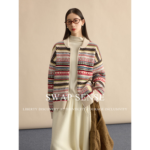 SWAP SENSE漫境彩织·复古休闲彩虹花色针织条纹拼接开衫拉链毛衣