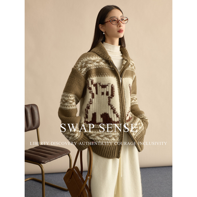 SWAP SENSE棕境漫叙· 复古休闲炸毛小猫提花针织毛衣外套冬季
