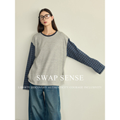 SWAP SENSE灰蓝格序·复古撞色拼接格纹圆领廓形设计感上衣新款 女