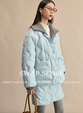 SWAP SENSE云境漫叙·冬季搭配一整套高级感蓝色针织翻领棉衣套装