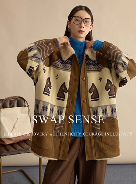 SWAP SENSE牧羊棋语·复古休闲风翻领皮毛一体马头纹样大廓形外套