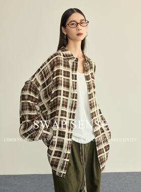 SWAP SENSE大地知色·复古美式休闲男友风撞色格纹设计感衬衫上衣