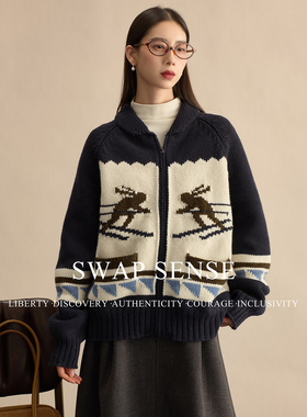 SWAP SENSE菱格漫叙·复古休闲宽松中古毛衣拉链针织衫外套女冬季