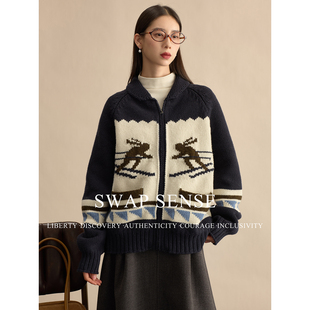 SWAP SENSE菱格漫叙·复古休闲宽松中古毛衣拉链针织衫外套女冬季