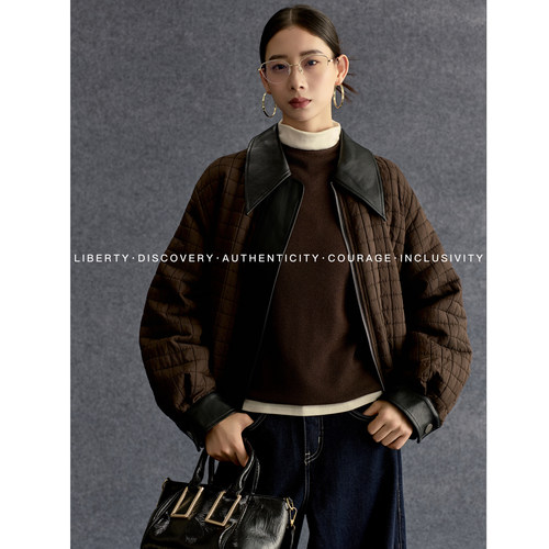 SWAP SENSE型格绎术·拼接皮领复古短款干练利落羽绒服咖色外套冬