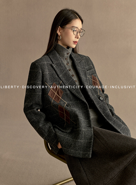 SWAP SENSE菱序格调·复古英伦风菱格贴布绣枪驳领毛呢西装外套冬