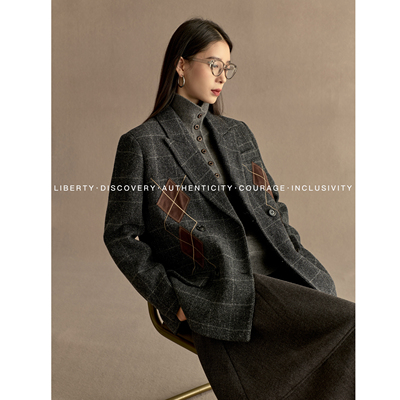 SWAP SENSE菱序格调·复古英伦风菱格贴布绣枪驳领毛呢西装外套冬