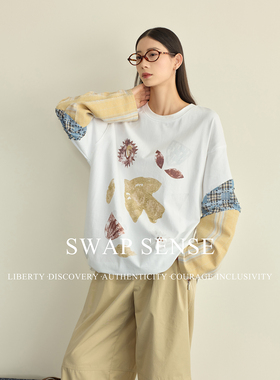 SWAP SENSE晴窗格序·复古趣味印花设计感拼接撞色格纹休闲上衣春