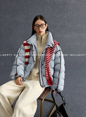 SWAP SENSE绒絮谧境· 拼接蓝色泡芙羽绒服立领抽绳收腰外套冬