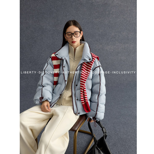 SWAP SENSE绒絮谧境· 拼接蓝色泡芙羽绒服立领抽绳收腰外套冬