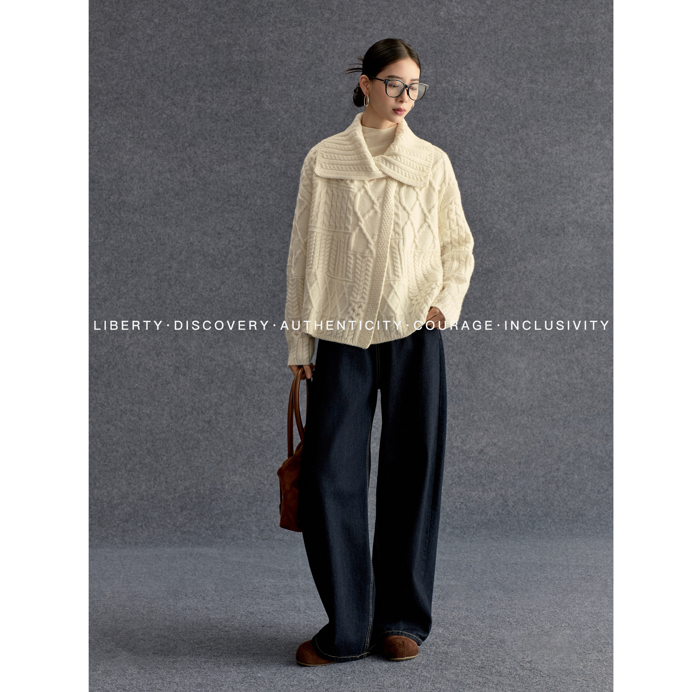 SWAP SENSE绒雪织梦&middot;翻领麻花针织短外套毛衣慵懒感针织外套冬季