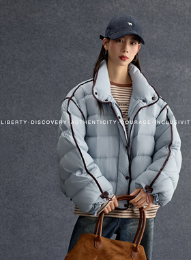 SWAP SENSE绒絮谧境· 复古杠条显瘦白鸭绒蓝色排骨羽绒服外套冬