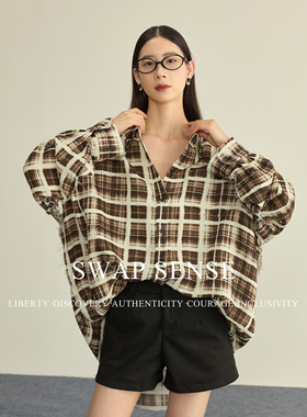 SWAP SENSE大地知色·复古男友风撞色格纹设计感美式休闲衬衫上衣