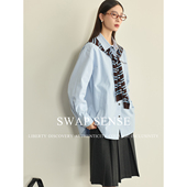 新款 SWAP SENSE岚野絮语·复古条纹针织披肩休闲简约廓形蓝色衬衫