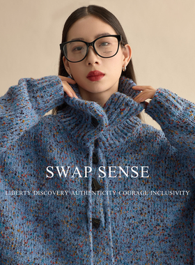 SWAP SENSE星语绒境·复古休闲立领蓝色花纱宽松廓形慵懒大毛衣冬