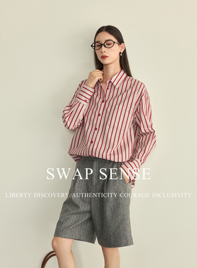 SWAP SENSE绯樱漫序·复古休闲红色条纹设计感廓形简约衬衫新款女