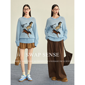 复古休闲浅蓝色骏马提花针织衫 SWAP SENSE逸马浮梦· 圆领毛衣